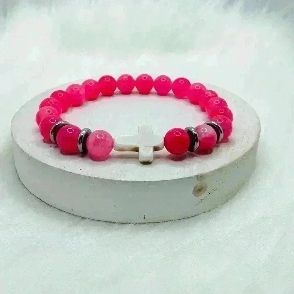 Bubble Gum Pink Beaded W/ White Cross Bracelet